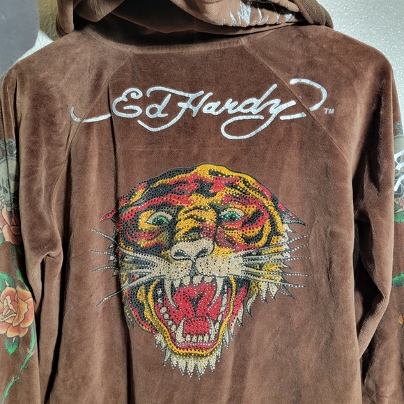 y2k Ed Hardy Tiger Rose Graphic Rhinestone Full Zip Velour Hoodie sz XL Brown - Picture 10 of 14